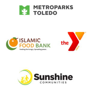 Logos for charity partners: Metroparks Toledo, Islamic Food Bank, the YMCA, Sunshine communities.
