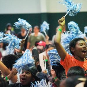 Youth at Astronaut José M. Hernandez Academy learning they will receive free personal laptops to help building their adoption skills during a Project UP digital equity announcement.