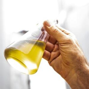 A hand holding a beaker of yellow liquid