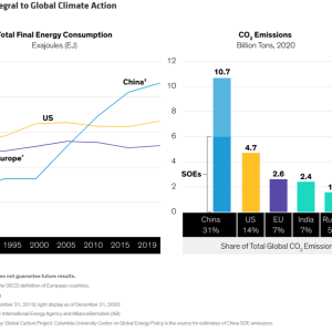 Info graphic: a line and bar graph showing "China Is Integral to Global Climate Action", total final energy consumption and CO2 emissions