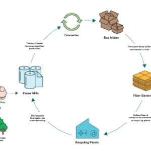 Circular infographic chart with symbols for fiber recycling.