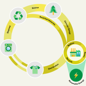 Circular Info graphic with icons of a tree, recycle, washing machine, t-shirt, power plant, and energy bolt.