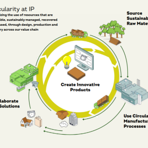 Info graphic "Circularity at IP" Prioritizing the use of resources that are renewable, sustainably managed, recovered and reused, through design, production and recovery across our value chain. Images of trees, manufacturing plant, products, recycling plant, truck. Computer at the center "Create innovative products"