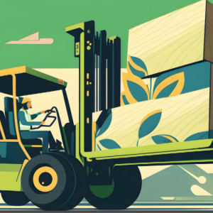 digital drawing of a person using a forklift to move stacks of wood.