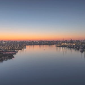 Sunset view over city and water