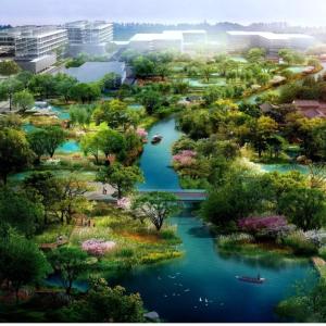 a lush forest and river system in the middle of a busy city of tall buildings and roads