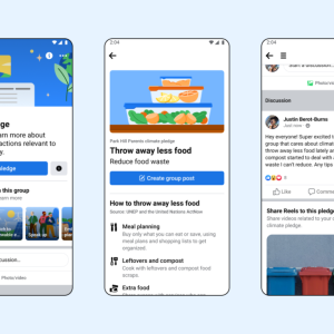 Three phone screens showing climate pledge content