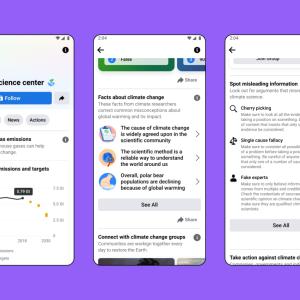 Three cell phone screens open to different pages of the climate science center.