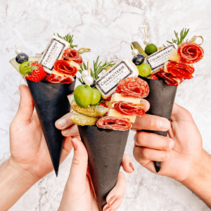 Close up of charcuterie servings