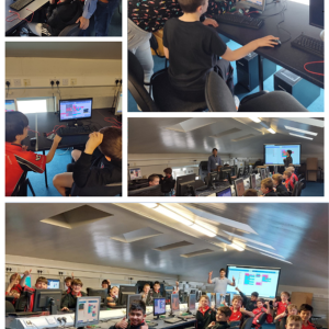 Collage of adults helping students working on desktop computers in a classroom setting.