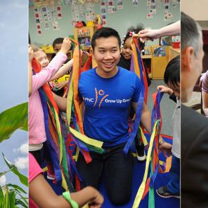 Collage of three pictures: a person standing in a corn field, a person in the middle of a group of children with colorful streamers, and a couple sitting at a desk across from someone handling paperwork