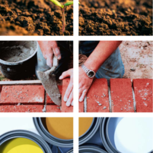 Collage of three photos: Close up of a plant sprouting in the ground, a person laying bricks and mortar, and open cans of paint.
