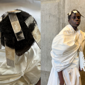 Close up of the model's hair and accessories and a side view of the model leaning against a wall.