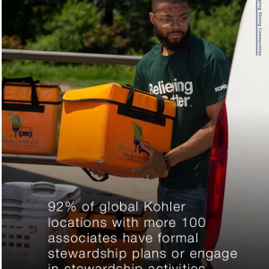 a volunteer unloading an insulated bag "Meals on Wheels" on the front. "92% of global Kohler locations with more 100 associates have formal stewardship plans or engage in stewardship activities."