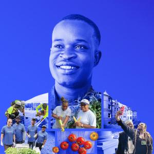 A person and blue background. A collage of photos shaped to fit their torso.