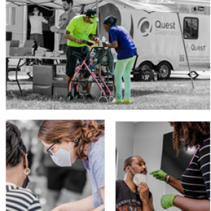 Collage of three photos: A person helping another who is using a walker. A portable tent and open trailer in the background. Two people wearing protective masks looking at the same paper. A person swabbing the nose of another.