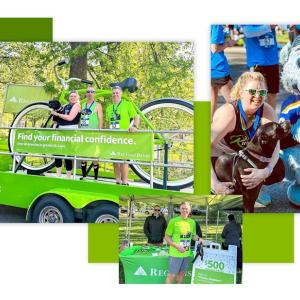 Collage of volunteers with a mascot, posed with a green bike, in front of a regions booth.