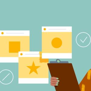 Abstract image of a person holding a clipboard. Multiple 'posts to the left, with symbols next to them "!, /, and checkmark"