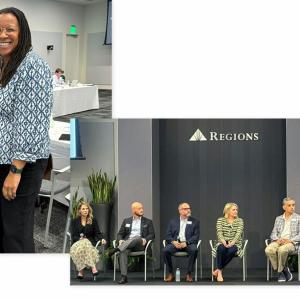 On the left, two smiling people posed close together. On the right a seated panel on a stage, one speaking at a podium.