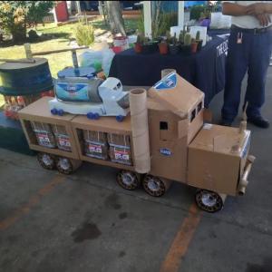 A cardboard semi truck