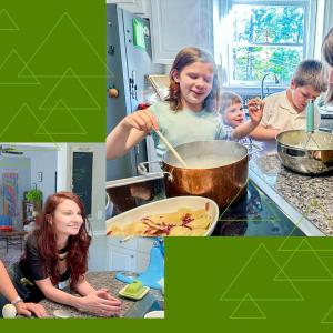 The Sviatyi family and host family cooking in a kitchen.