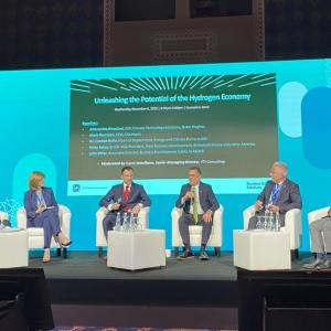 A panel seated on a stage, some with microphones.