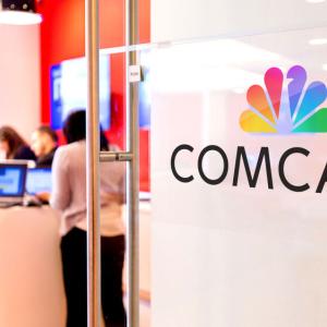 Inside a building with the Comcast logo on the door 