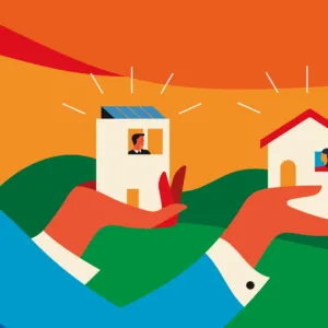 Abstract drawing of a person holding a home in each hand