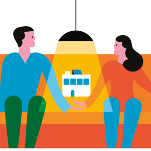 Abstract drawing of two people on a couch, a building between them