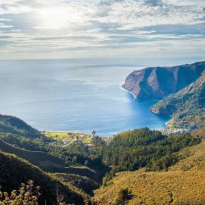 Panoramic view of Crusoe Island from a mountain top.