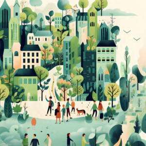 Digitized town landscape with people, park settings, trees, buildings.