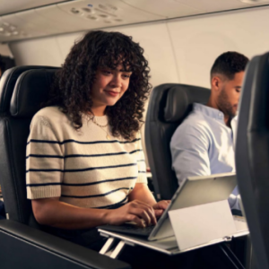 People seated on an airplane.