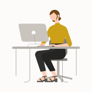 Graphic depiction of a person sitting at a desk looking at a laptop
