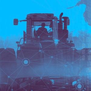 abstract image of tractor in a blue background, a matrix of numbers, code, map overlayed