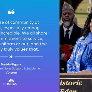 Davida Riggins speaking from a podium. Text: The sense of community at Comcast, especially among veterans, is incredible. We all share a deep commitment to service, and the company truly values that.