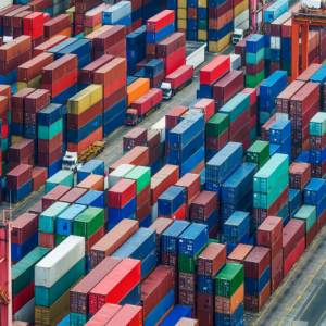 Large shipping facility with hundreds of stacked shipping containers