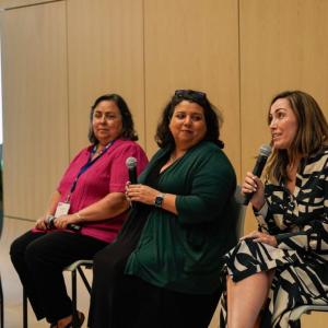 Four people seated at the front of a room, speaking with microphones.