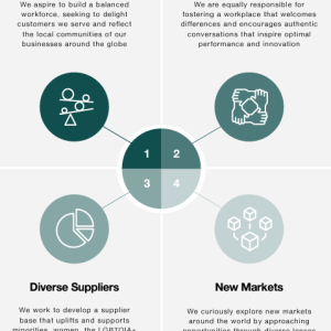Info graphic. Four quadrants "Balanced Teams, Inclusive Culture, New Markets, Diverse Suppliers."