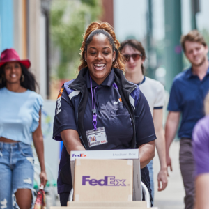 A fedex delivery person with a cart of boxes, people walking behind them. 