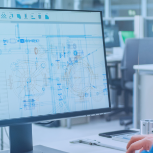 A person looking at a complicated blueprint on a computer screen.