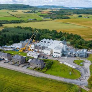 Aerial view of the distillery and construction equipment