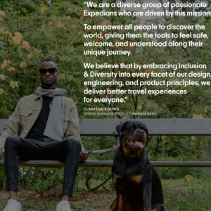 a peron sitting on an outside bench with a dog on a leash, they have a sight cane in their right hand