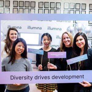 Illumina Female Employees holding Diversity drives development sign.