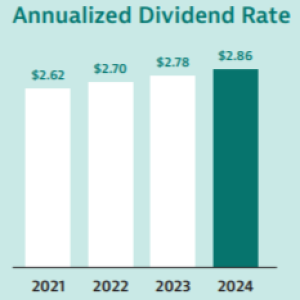 Info graphic "Annualized Dividend Rate" bar charts showing growth from 2021-2024.