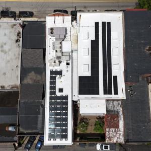 Drone view of rooftop solar array at Cancer Bridges