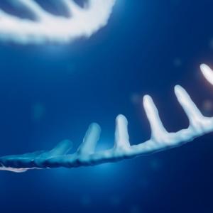 digital rendering of RNA strands in a blue background