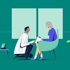 abstract image of a person in a chair and a doctor knelt down in front of them