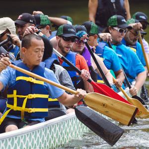 Duke Energy's Electric Glide team paddle in the water