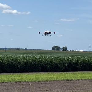 a drone flying over a field of soybeans