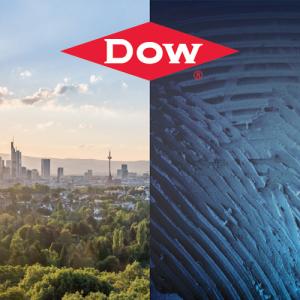 Two photos: a city skyline with trees in the foreground and microscopic close up of powder material. Dow logo between them.